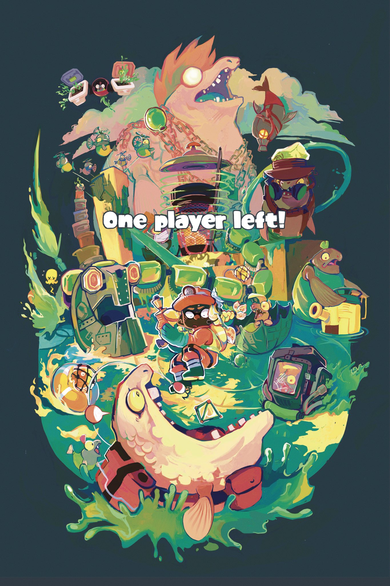 1girl belt big_shot_(splatoon) black_eyes blank_eyes blonde_hair boots braid bulging_eyes chain cloud cohozuna_(splatoon) colored_sclera commentary constricted_pupils cooking_pot dark-skinned_female dark_skin drizzler_(splatoon) earpiece english_commentary english_text everyone fish fish_stick_(splatoon) fishing_hook flipper-flopper_(splatoon) flyfish_(splatoon) flying_sweatdrops full_body gloves glowing glowing_eyes golden_egg green_footwear green_gloves green_hair green_overalls gun hair_tie headlamp helmet high-visibility_vest highres holding holding_gun holding_weapon inkling inkling_girl kayveedee lifebuoy looking_down mask maws_(splatoon) missile_pod mohawk mouth_mask octoling open_mouth orange_headwear outline peril pointy_ears pouch profile red_hair salmon_run_(splatoon) scrapper_(splatoon) short_hair sideways_mouth single_tooth slammin'_lid_(splatoon) smallfry_(splatoon) splat_bomb_(splatoon) splatoon_(series) splatoon_3 splattershot_(splatoon) steel_eel_(splatoon) steelhead_(splatoon) stinger_(splatoon) surgical_mask teeth tentacle_hair tentacles two-handed umbrella vest wall-eyed weapon white_outline x_x yellow_sclera yellow_vest