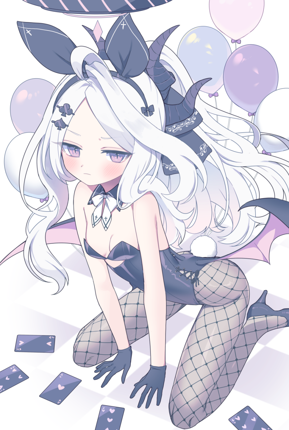 1girl ace_of_hearts ahoge animal_ears balloon bangs bare_shoulders black_footwear black_gloves black_hairband black_leotard black_ribbon blue_archive blush bow bow_hairband breasts card cleavage closed_mouth club_hair_ornament demon demon_girl demon_horns demon_wings detached_collar fake_animal_ears fake_tail fishnet_pantyhose fishnets five_of_hearts forehead gloves hair_ornament hair_ribbon hairband hairclip halo heart high_heels highres hina_(blue_archive) horns leotard long_hair looking_at_viewer low_wings multiple_horns nehan_(gedatsu_nehan) pantyhose parted_bangs playboy_bunny ponytail purple_eyes rabbit_ears rabbit_girl rabbit_tail ribbon sidelocks simple_background sitting six_of_hearts small_breasts solo tail three_of_hearts tiara two_of_hearts v-shaped_eyebrows very_long_hair wariza white_background white_bow white_hair wings