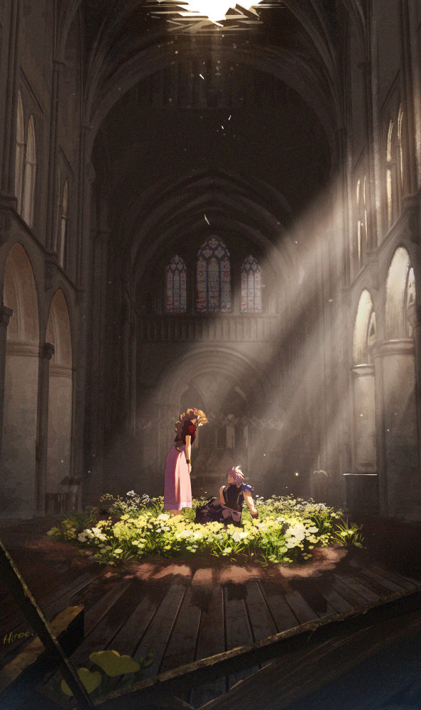 1boy 1girl aerith_gainsborough architecture armor bangle blonde_hair bracelet braid braided_ponytail brown_hair church cloud_strife dress fantasy final_fantasy final_fantasy_vii final_fantasy_vii_remake flower flower_bed from_side hinoe_(dd_works) indoors jacket jewelry leaf light_rays long_dress long_hair looking_at_another looking_down looking_up pink_dress red_jacket short_hair shoulder_armor sitting sleeveless sleeveless_turtleneck spiked_hair standing sunbeam sunlight suspenders turtleneck wide_shot window wooden_floor