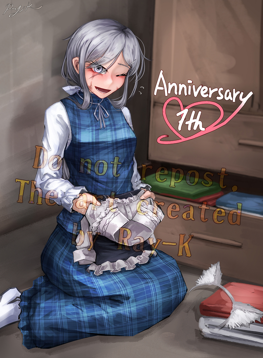 1girl ;d animal_ear_fluff animal_ears anniversary artist_name bangs blue_skirt blue_vest burn_scar commentary_request dorei_to_no_seikatsu_~teaching_feeling~ english_text fake_animal_ears folded_clothes folding_clothes grey_eyes grey_hair hairband highres holding holding_clothes indoors long_hair long_sleeves looking_at_viewer low_ponytail milestone_celebration no_shoes one_eye_closed open_mouth plaid plaid_skirt plaid_vest ray-k scar shirt signature sitting skirt skirt_set smile socks solo sylvie_(dorei_to_no_seikatsu) vest watermark white_shirt white_socks