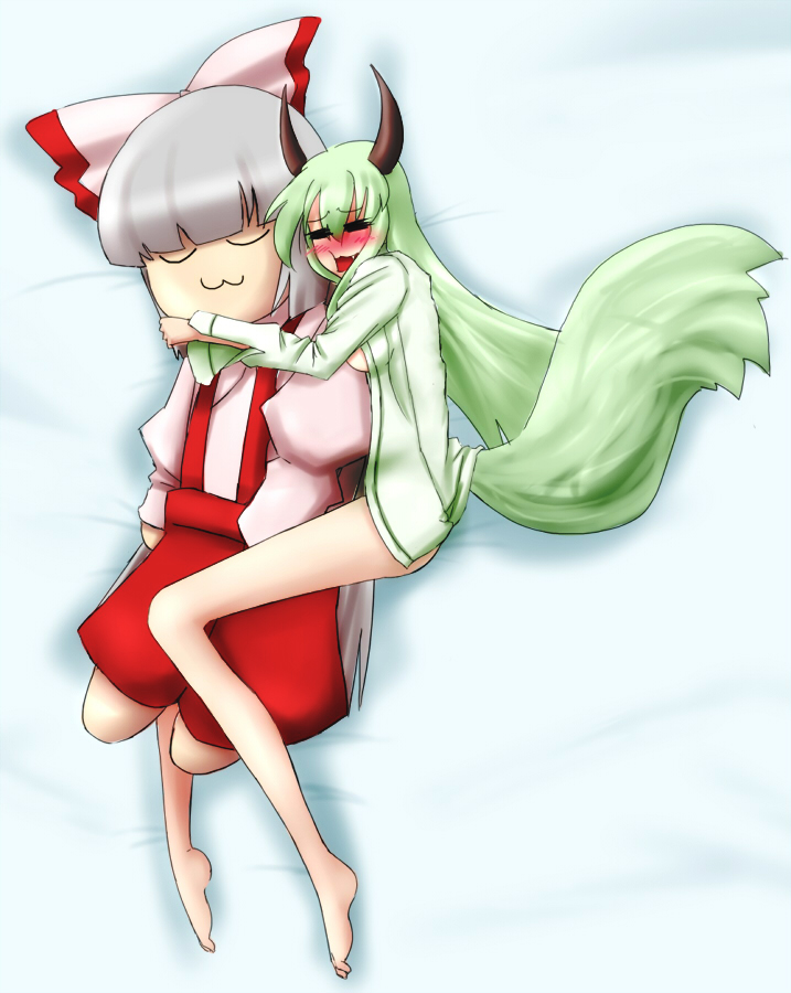 :3 asa_inu blush character_doll doll ex-keine fujiwara_no_mokou green_hair horns kamishirasawa_keine long_hair parody solo tail touhou