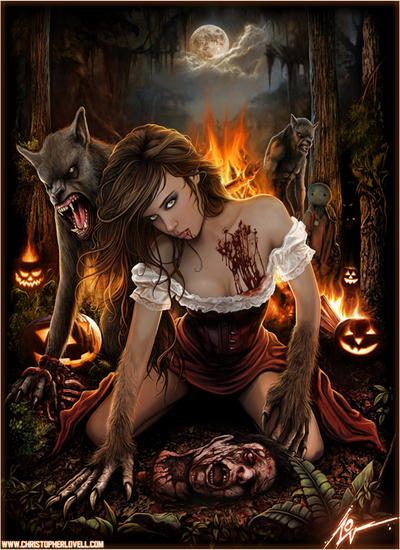 2011 blood bodily_fluids brown_body brown_fur brown_hair canid canine claws clothing decapitation dress fairy_tales female fur gore hair humanoid jack-o'-lantern laurie_(trick_r_treat) little_red_riding_hood little_red_riding_hood_(copyright) long_hair lovell-art mammal sam_(trick_'r_treat) severed_head trick_'r_treat were werecanid werecanine werewolf yellow_eyes