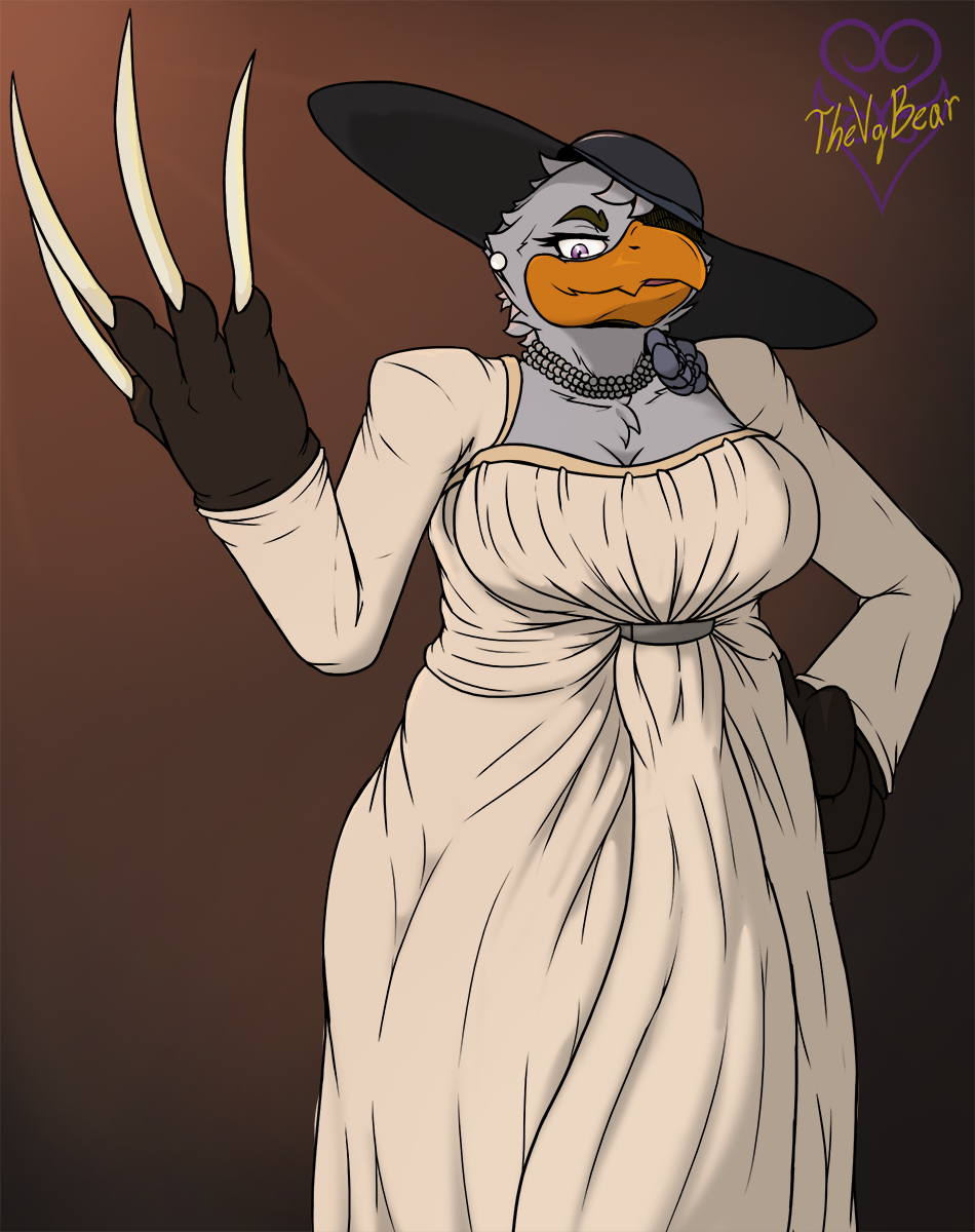 2022 4_fingers accessory alcina_dimitrescu alternate_form alternate_species anthro anthrofied avian beak belly big_breasts big_butt bird breasts butt capcom chica_(fnaf) chicken claws clothed clothing cosplay costume crossover crossover_cosplay curvy_figure digital_media_(artwork) dress feathered_wings feathers female fingers five_nights_at_freddy's front_view galliform gallus_(genus) grey_body grey_feathers grey_skin hat headgear headwear hi_res long_claws looking_back mask non-mammal_breasts orange_beak overweight overweight_anthro overweight_female phasianid purple_eyes resident_evil scottgames signature simple_background slightly_chubby slightly_chubby_anthro slightly_chubby_female smile solo thevgbear thick_thighs video_games wide_hips wings