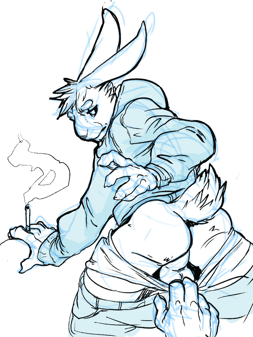 5_fingers anthro balls bottomwear bottomwear_down bottomwear_pull butt cigarette clothed clothing clothing_pull fingers fur genitals guide_lines hair hoodie lagomorph leporid looking_back male mammal mostly_offscreen_character pants pants_down pants_pull partially_clothed rabbit rear_view simple_background sketch smoke smoking solo solo_focus standing stoney_(tzarvolver) topwear tzarvolver underwear underwear_down underwear_pull white_background