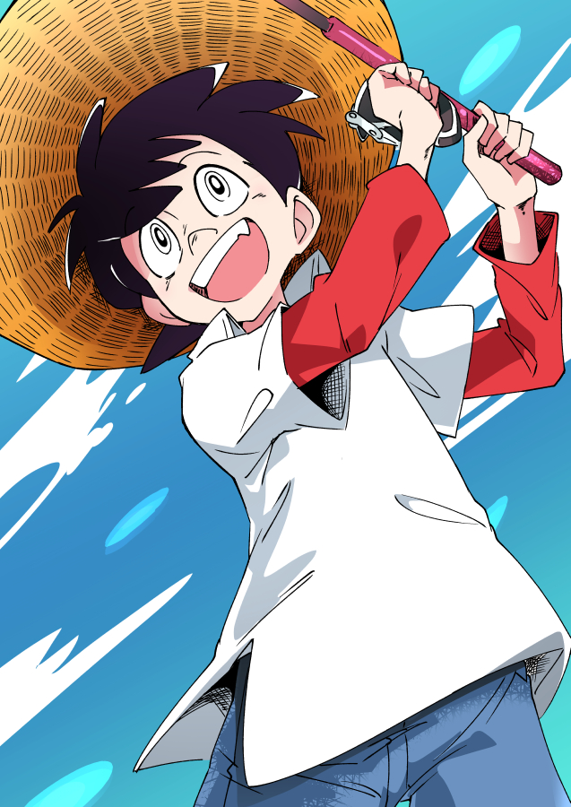 1boy :d black_eyes black_hair blue_pants blue_sky cloud commentary day denim fishing_rod hat holding holding_fishing_rod ixy jeans male_focus mihira_sanpei open_mouth pants red_sleeves shirt sky smile straw_hat teeth tsurikichi_sanpei upper_teeth white_shirt