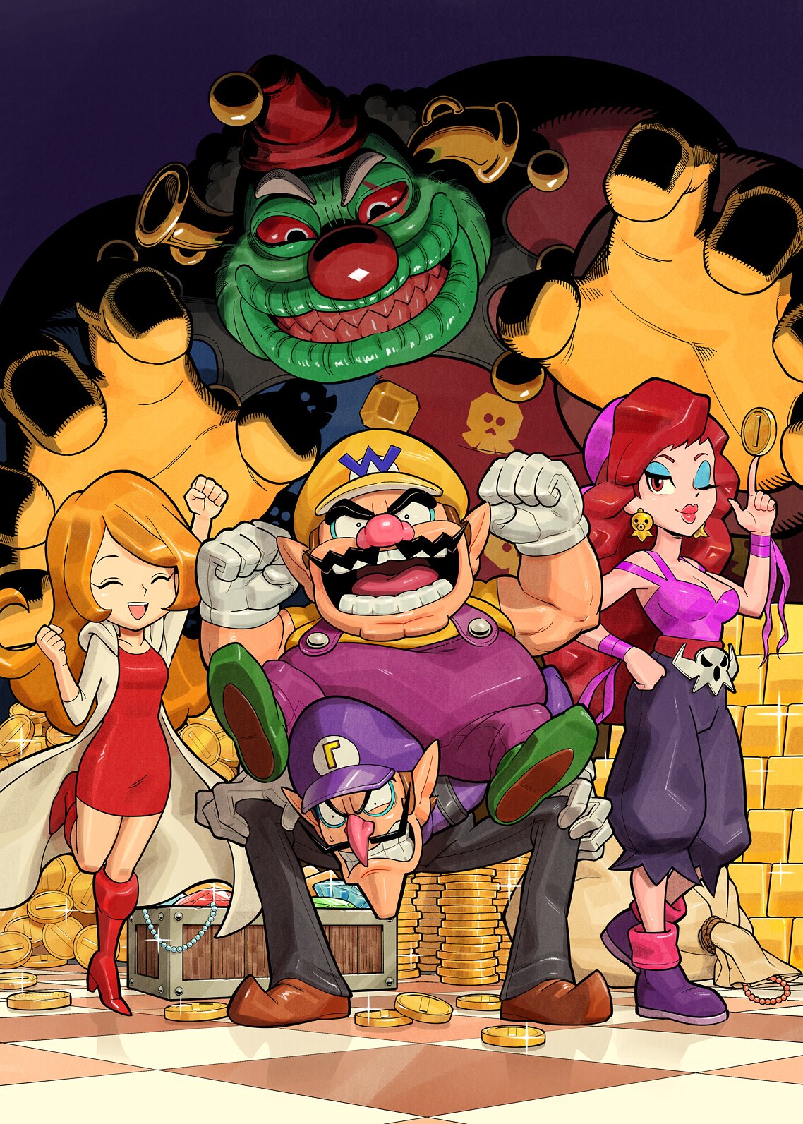 captain_syrup gaku_kumatori highres mona_(warioware) rudy_the_clown waluigi wario wario_land warioware