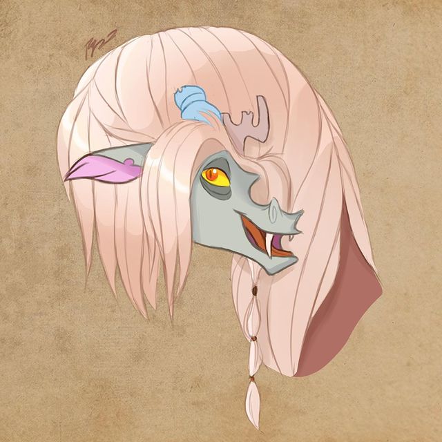 2022 aged_up antlers artharuhi braided_hair broken_horn brown_background brown_body bust_portrait chimera digital_media_(artwork) discord_(mlp) draconequus fangs feral friendship_is_magic gradient_background grey_body hair hasbro horn long_neck male mlp_g5 my_little_pony open_mouth orange_eyes portrait sharp_teeth simple_background smile solo teeth white_hair yellow_sclera