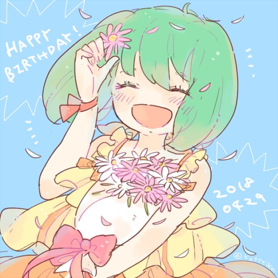 1girl 2018 ^_^ blue_background bouquet bow closed_eyes daisy dated dress eyes_visible_through_hair flower green_hair hair_flower hair_ornament hand_up holding holding_bouquet katiko macross macross_frontier no_nose open_mouth petals pink_bow pink_flower ranka_lee short_hair smile solo twitter_username