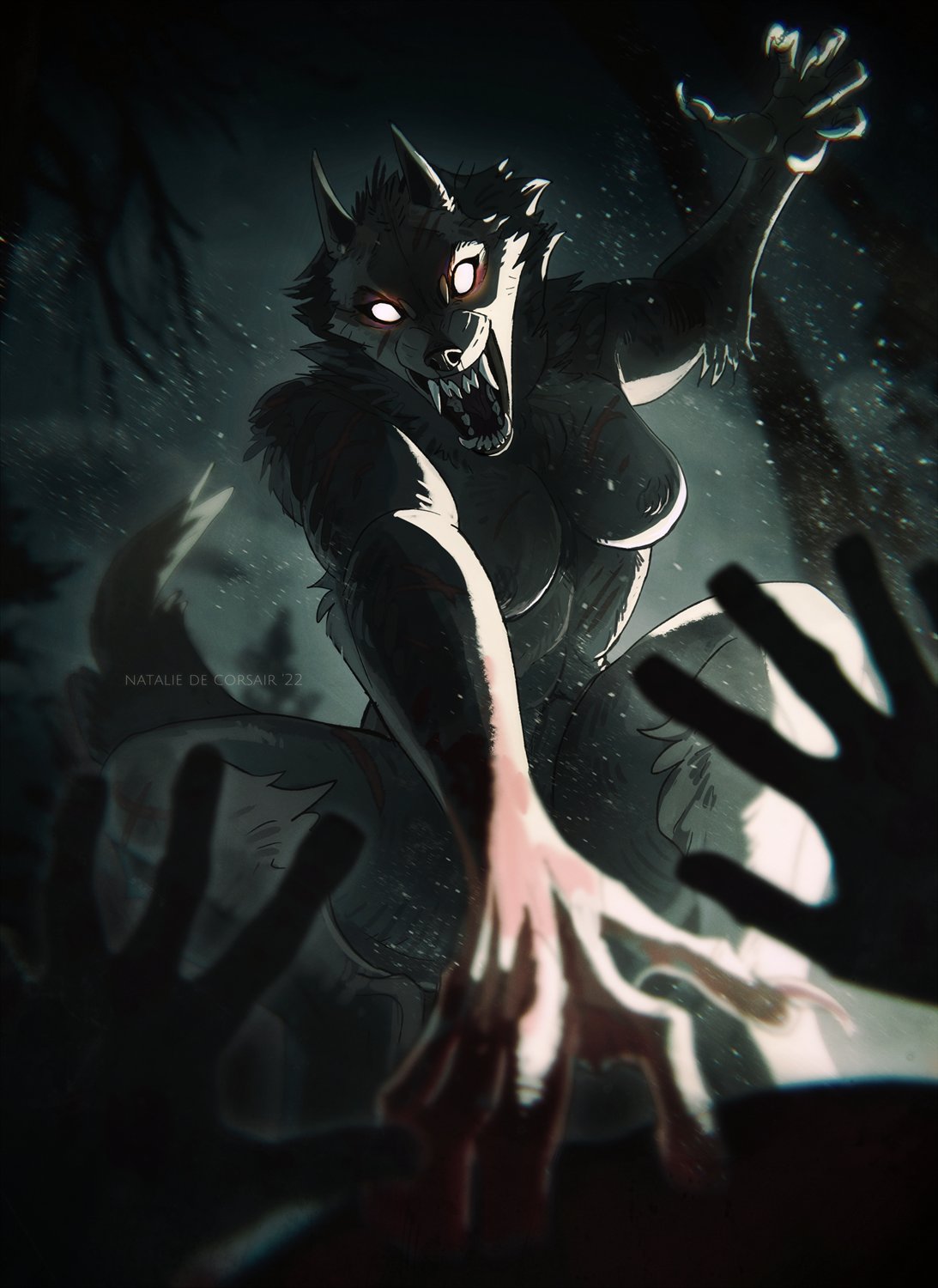 2022 anthro blood bodily_fluids canid canine chromatic_aberration claws detailed_background digital_media_(artwork) duo fangs female first_person_view fur glowing glowing_eyes grey_body hand_on_chest hi_res human human_pov kneeling lying mammal natalie_de_corsair on_back open_mouth raised_arm scar sharp_teeth signature snow teeth were werecanid werecanine werewolf