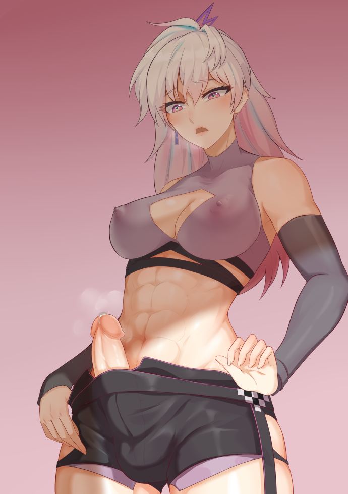 1girl abs blue_hair cleavage_cutout clothing_cutout covered_nipples dceg4738 earrings elbow_sleeve erection futanari indie_virtual_youtuber jewelry looking_down multicolored_hair muscular muscular_female pink_background pink_eyes pink_hair precum qian_er_liang_(vtuber) shorts solo toned white_hair