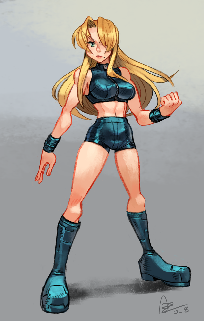 1girl alex_ahad blonde_hair boots breasts crop_top full_body hair_over_one_eye high-waist_shorts highres metroid metroid_dread metroid_fusion mole mole_under_mouth navel samus_aran short_shorts shorts sleeveless solo standing stomach toned wristband