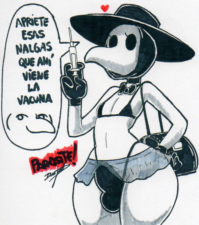 &lt;3 2020 anthro avian bag bikini bird bottomwear bow_tie bulge clothing dialogue fan_character gloves handwear hat headgear headwear human human_only humanoid looking_at_viewer low-angle_view male mammal mask not_furry parasitedeath plague_doctor plague_doctor_(parasitedeath) skirt solo spanish_text suggestive swimwear syringe tagme text thick_thighs thong thong_straps traditional_media_(artwork) underwear white_body