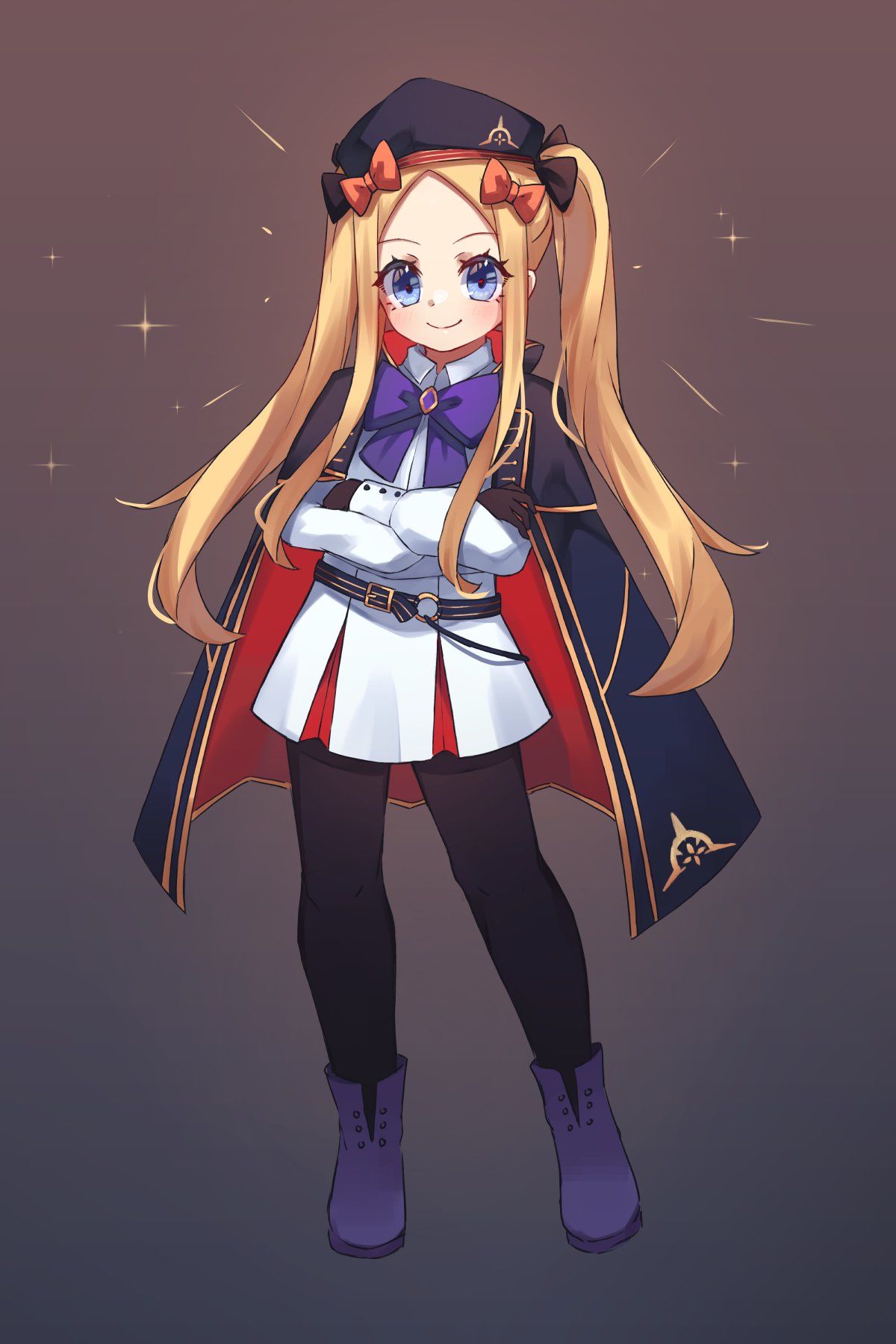 1girl abigail_williams_(fate) artoria_caster_(fate) artoria_caster_(fate)_(cosplay) artoria_pendragon_(fate) bangs belt beret black_bow black_gloves black_pantyhose blonde_hair blue_cape blue_eyes blue_headwear blush boots bow breasts buttons cape cosplay crossed_arms double-breasted dress fate/grand_order fate_(series) forehead full_body gloves hair_bow hat highres hood hooded_cape long_hair long_sleeves looking_at_viewer miya_(miyaruta) multicolored_cape multicolored_clothes multiple_bows orange_bow pantyhose parted_bangs red_cape small_breasts smile solo white_dress