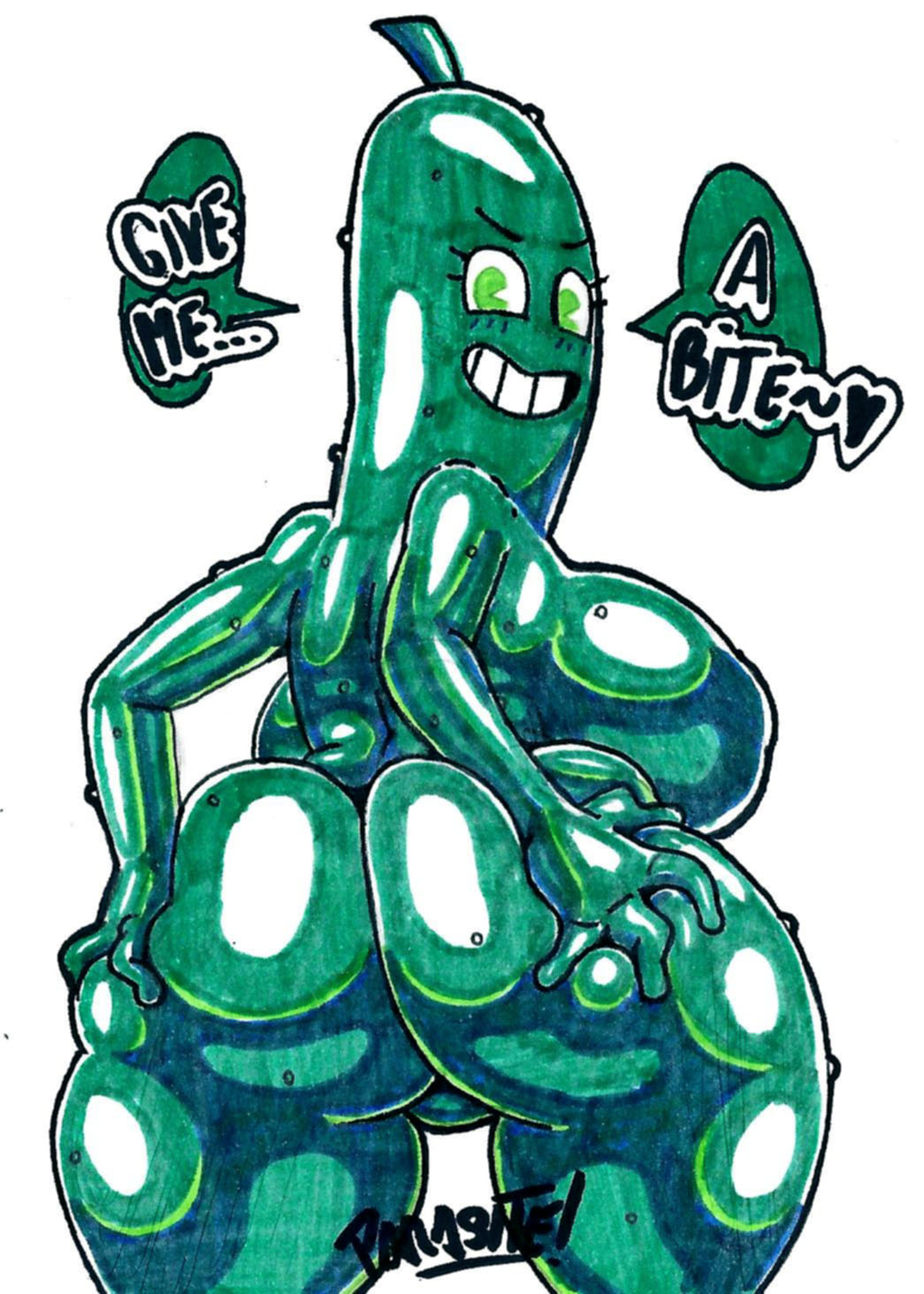 2022 anthro big_butt breasts butt dialogue elemental_creature elemental_humanoid english_text female flora_fauna food food_creature food_humanoid hand_on_butt hi_res humanoid living_vegetable looking_at_viewer looking_back looking_back_at_viewer not_furry parasitedeath pickle_(food) plant plant_humanoid side_boob simple_background solo text thick_thighs traditional_media_(artwork) vegetable vegetable_humanoid white_background wide_hips