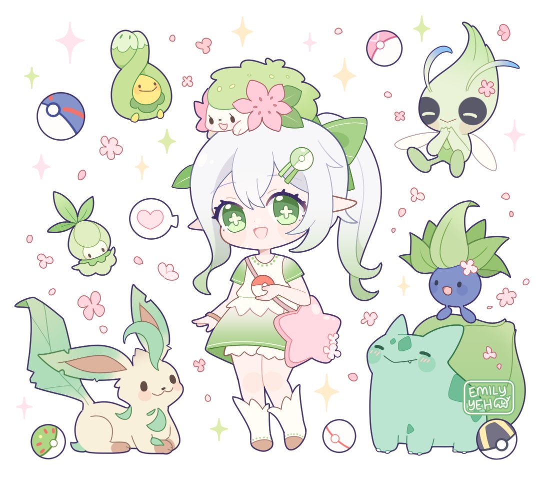 1girl 6+others bag bright_pupils budew bulbasaur celebi chibi crossover genshin_impact great_ball green_eyes green_hair hair_ornament hey_emilyyeh leaf_hair_ornament leafeon multicolored_hair multiple_others nahida_(genshin_impact) oddish open_mouth petilil poke_ball poke_ball_hair_ornament pokemon ponytail shaymin shoulder_bag smile symbol-shaped_pupils ultra_ball watermark white_hair