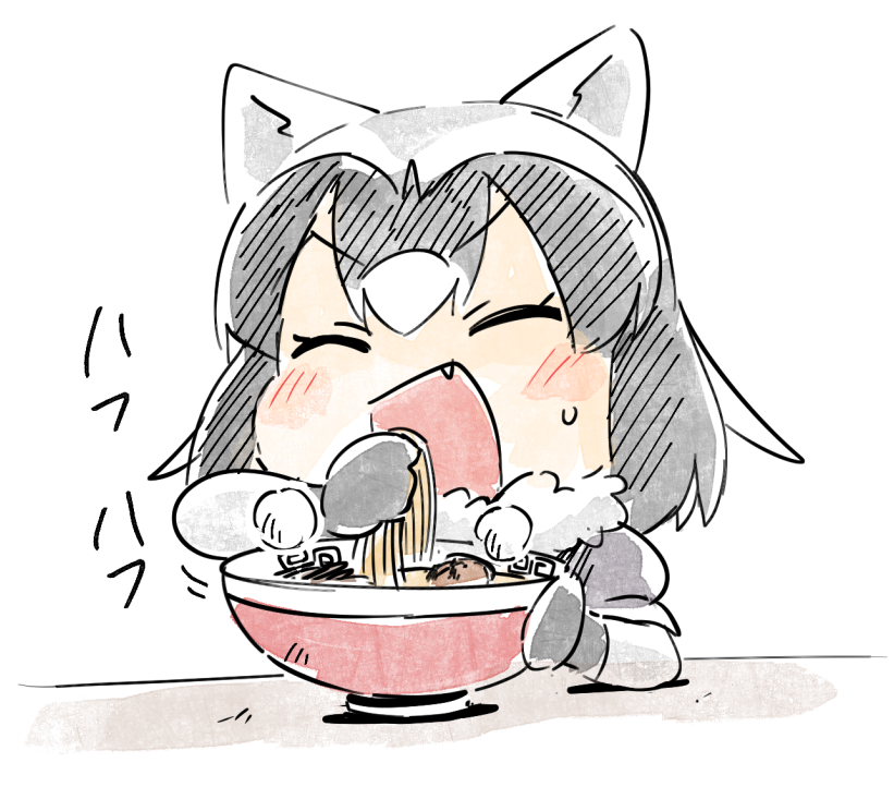 1girl ^_^ ^o^ ai_drawing_anime_characters_eating_ramen_(meme) animal_ears bangs black_gloves black_hair blush blush_stickers bowl closed_eyes common_raccoon_(kemono_friends) eating elbow_rest facing_viewer fang food fur_collar gloves grey_hair hand_up happy hatching_(texture) heavy_breathing holding holding_food kemono_friends linear_hatching meandros meme motion_lines multicolored_hair no_nose noodles open_mouth panzuban raccoon_ears ramen short_hair simple_background smile solo steam sweat table upper_body v-shaped_eyebrows white_background