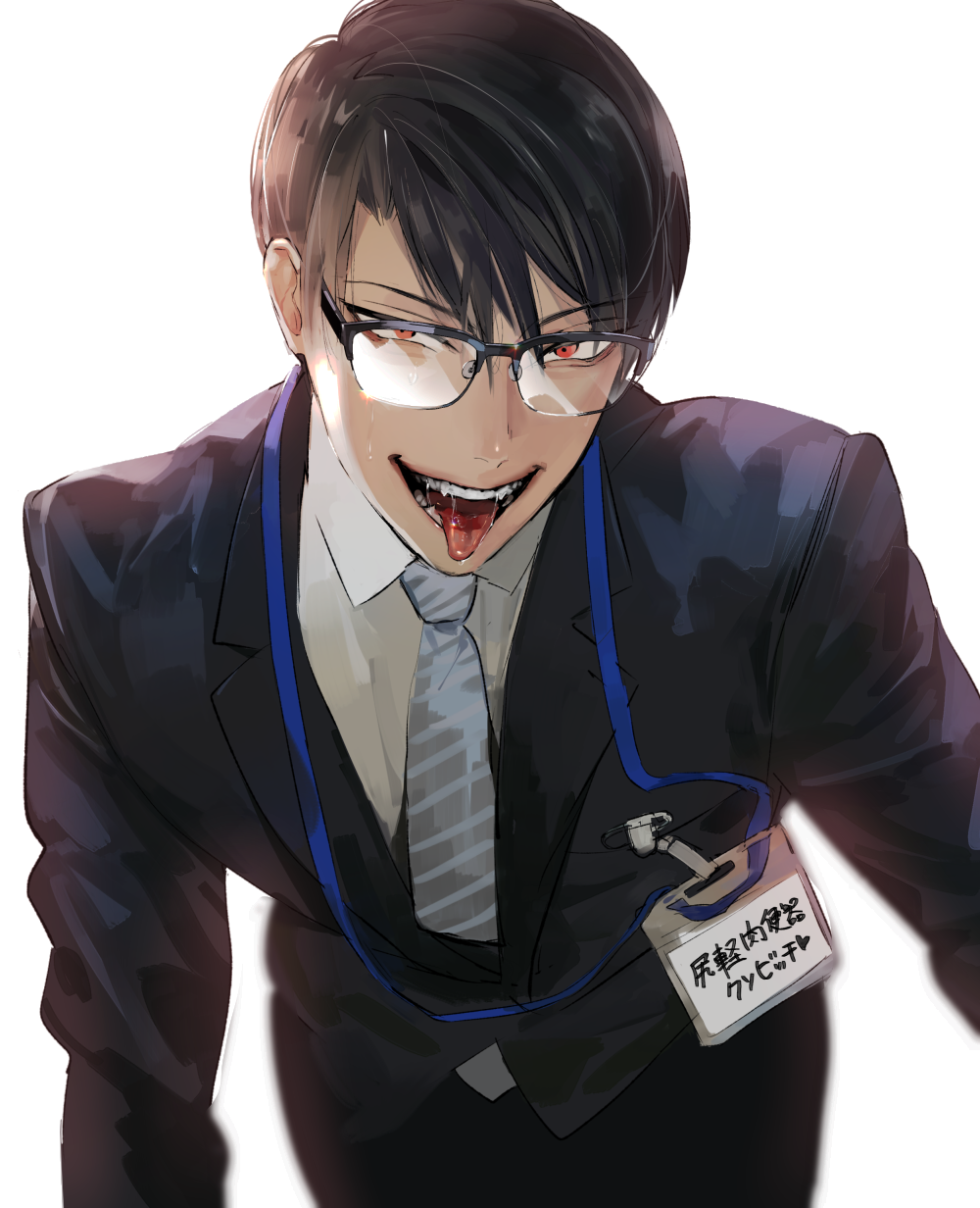 1boy bishounen black_hair collared_shirt fangs formal glasses highres lanyard looking_at_viewer male_focus name_tag naughty_face necktie original red_eyes salaryman saliva shirt striped_necktie suit tongue tongue_out wadani_hitonori