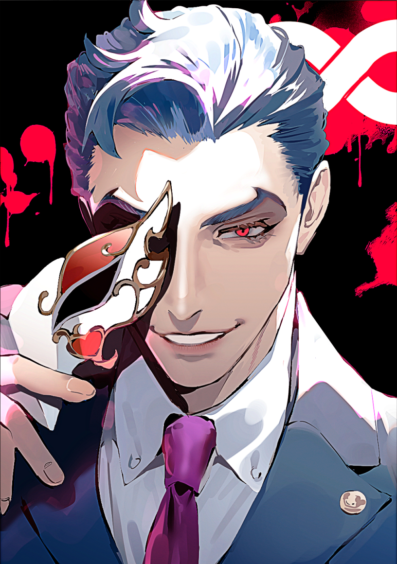 1boy adam_(sk8) ambiguous_red_liquid black_background blood blood_splatter blue_hair blue_suit evil_grin evil_smile eye_mask fingernails formal grin hair_slicked_back holding holding_mask infinity male_focus mask necktie purple_necktie red_eyes short_hair sk8_the_infinity smile solo suit wadani_hitonori