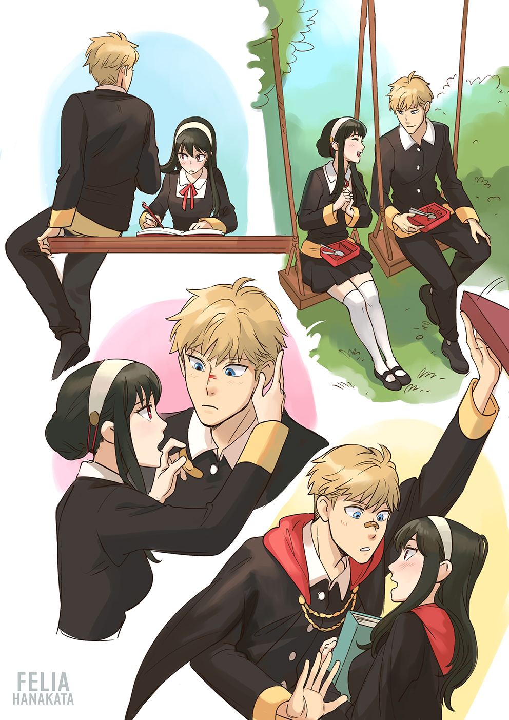 1boy 1girl alternate_universe artist_name bandaid bandaid_on_face bandaid_on_nose bento black_footwear black_hair black_jacket black_pants black_skirt blonde_hair blue_eyes blush book breasts closed_eyes collared_shirt desk eden_academy_uniform felia_hanakata full_body hair_bun hairband hand_in_another's_hair highres holding holding_book jacket long_hair looking_at_another mary_janes medium_breasts multiple_views neck_ribbon open_mouth outdoors own_hands_clasped own_hands_together pants parted_lips red_eyes red_ribbon ribbon school_uniform shirt shoes short_hair sidelocks sitting skirt spy_x_family swing_set thighhighs twilight_(spy_x_family) upper_body white_hairband white_shirt white_thighhighs writing yor_briar