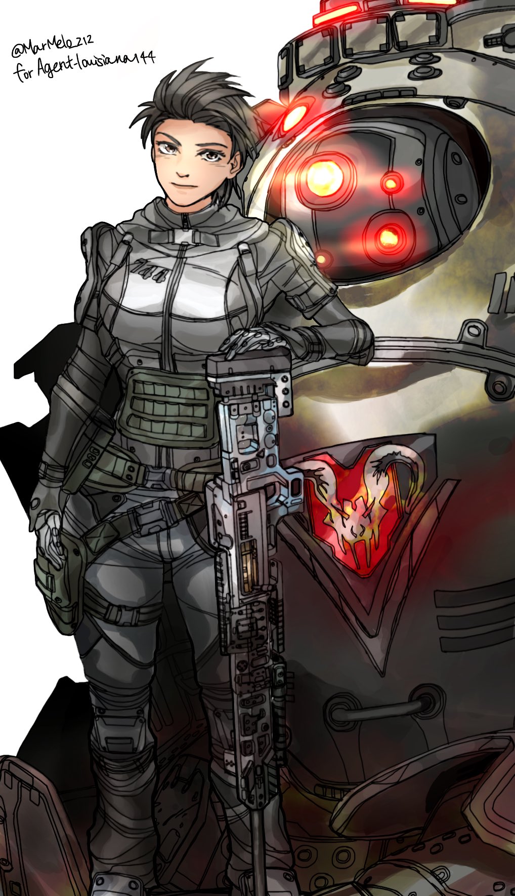 1girl atlas_(titanfall) black_hair bodysuit breasts brown_eyes english_commentary extra_eyes gloves glowing glowing_eyes green_belt grey_bodysuit grey_gloves gun hand_on_own_thigh head_tilt highres holding holding_gun holding_weapon holo_pilot_(titanfall_2) kotone_a kraber looking_at_viewer medium_breasts mixed-language_commentary pilot_(titanfall_2) red_eyes rifle short_hair sniper_rifle titan_(titanfall) titanfall titanfall_(series) titanfall_2 weapon
