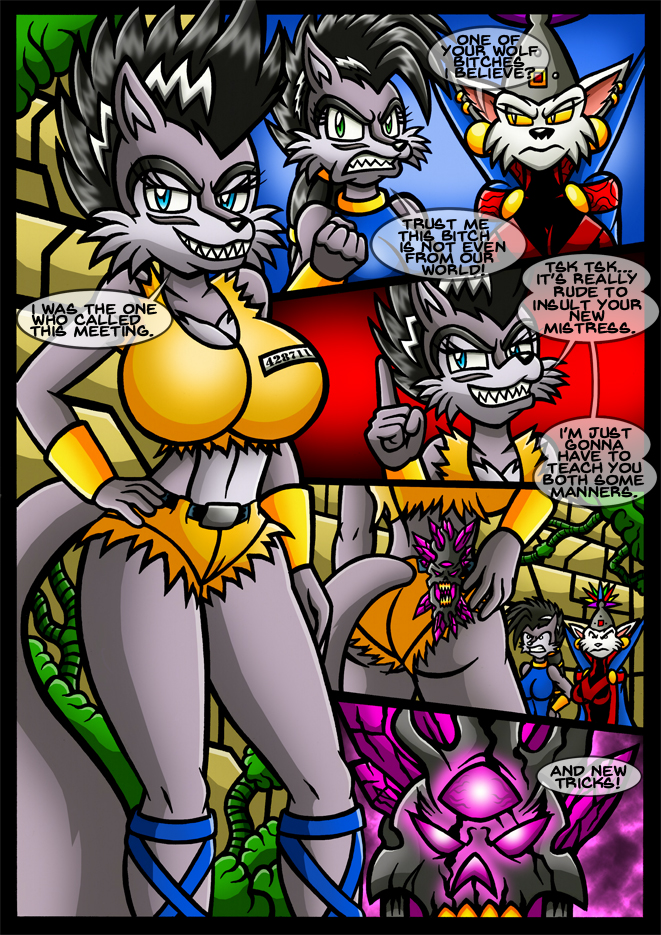 2015 alpha_(anti-lupe) angry annoyed anthro archie_comics armor artifact belt berty-j-a big_breasts black_hair blue_clothing blue_eyes bottomwear bracers breasts canid canine canis cape cheek_tuft clothing comic crop_top crystal dialogue domestic_cat dress ear_piercing ear_ring facial_tuft felid feline felis female fur grey_body grey_fur group hair lupe_the_wolf mammal mohawk piercing ponytail prison_uniform queen_hathor red_clothing red_dress ring_piercing sega sharp_teeth shirt shorts sonic_the_hedgehog_(archie) sonic_the_hedgehog_(comics) sonic_the_hedgehog_(series) speech_bubble teeth topwear trio tuft wolf yellow_bottomwear yellow_clothing yellow_sclera yellow_shorts