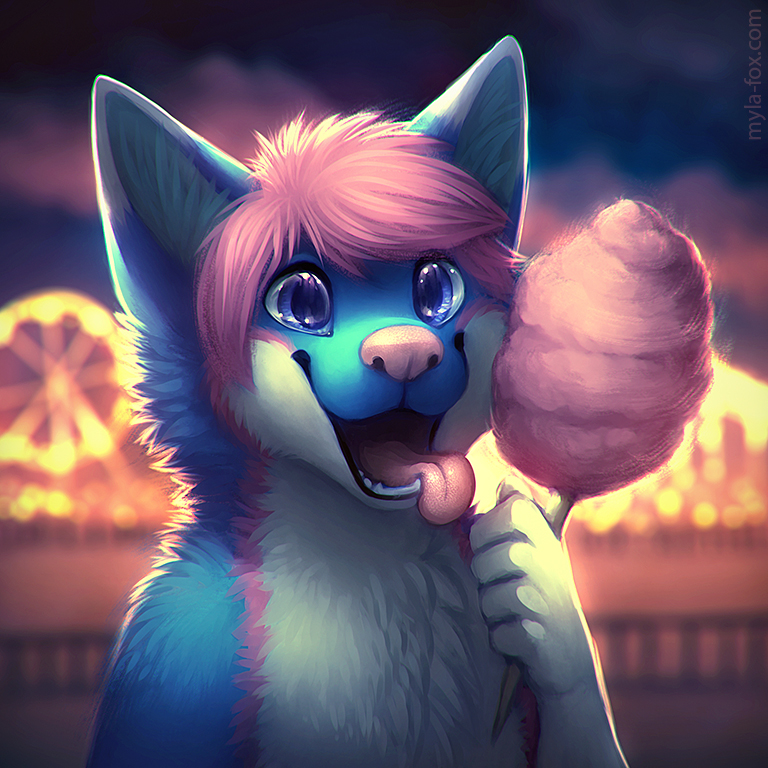 1:1 amusement_ride anthro blue_body blue_eyes blue_fur blurred_background bust_portrait candy canid cheek_tuft chest_tuft dessert facial_tuft ferris_wheel food front_view fur glistening glistening_eyes hair looking_at_viewer male mammal mylafox neck_tuft nude open_mouth open_smile pink_body pink_fur pink_hair pink_nose pink_tongue portrait smile solo text tongue tongue_out tuft url white_body white_fur