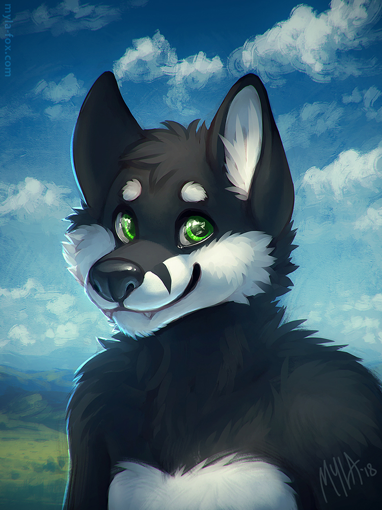 2018 3:4 anthro black_body black_fur blue_sky bust_portrait canid cheek_tuft closed_smile cloud dated facial_tuft fangs fur glistening glistening_eyes green_eyes head_tuft looking_aside male mammal mouth_closed mylafox neck_tuft nude portrait real shoulder_tuft signature sky solo text tuft url white_body white_fur