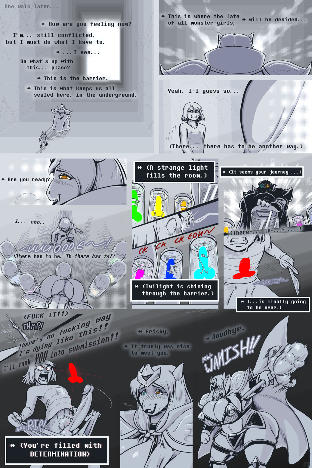alternate_universe anthro armor asgore_dreemurr big_breasts big_penis bikini_armor blush bodily_fluids boss_monster bovid breasts bulge canister caprine cave cloak clothing comic crossgender curvy_figure female frisk_(undertale) frisky_(under(her)tail) genital_fluids genitals glowing glowing_eyes hi_res human imminent_sex knife leather leather_clothing male mammal monster penis phallic_looking precum sex_toy shadow soul sweat text thewill torn_clothing unconvincing_armor under(her)tail undertale undertale_(series) undressing video_games voluptuous wide_hips