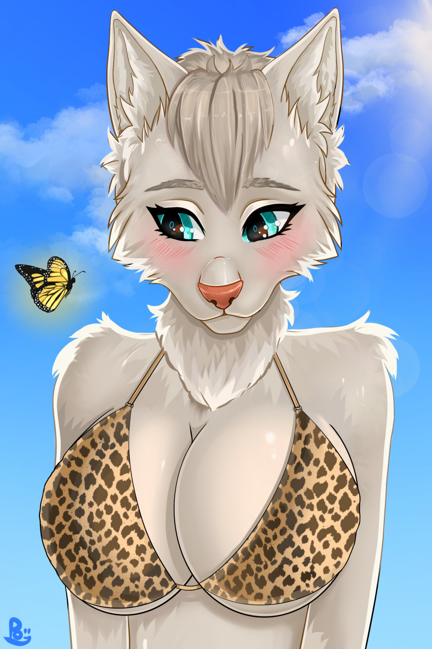 anthro arthropod butterfly clothing domestic_cat felid feline felis female first fluffy fur hi_res insect invalid_tag lepidopteran mammal polly-lolly sea sfw solo spots sun surprise swimwear the to trip water