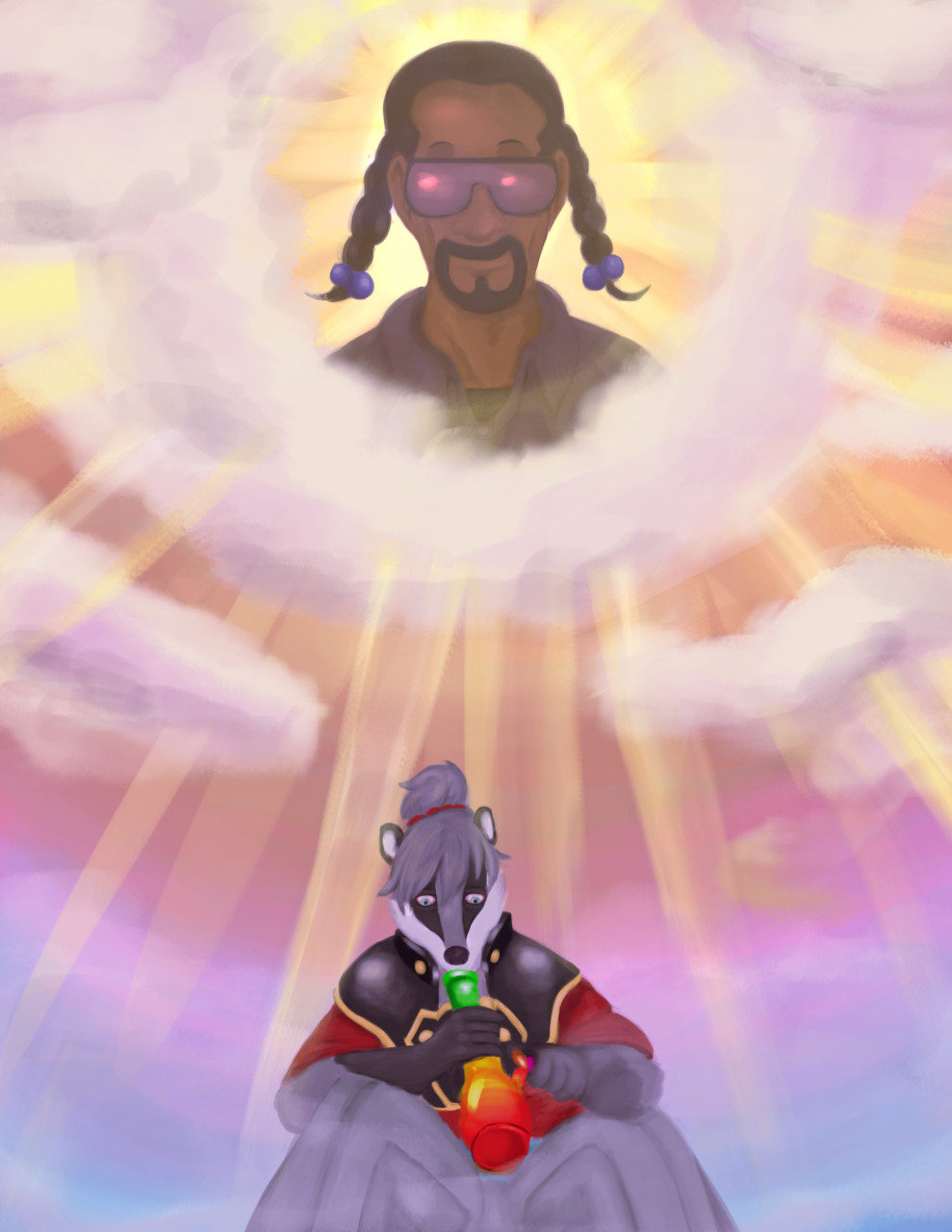 2021 anthro badger black_hair bong brown_body brown_skin clothed clothing cloud digital_media_(artwork) drugs duo eyebrows eyewear facial_hair fire front_view fur goatee grey_body grey_fur grey_hair hair hi_res holding_object human light lighter male mammal mustelid musteline shaded sitting snoop_dogg snout sunglasses sunlight tokisada wannabe_pendragon