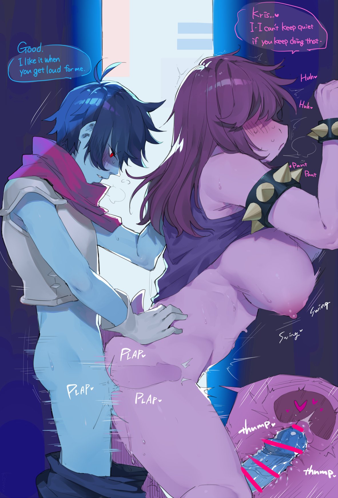 &lt;3 alley anthro anthro_penetrated armband big_breasts blue_body blue_skin bodily_fluids bottomless bottomwear bottomwear_down bracelet breasts censor_bar censored cervix clothed clothing deltarune dialogue duo female female_penetrated gloves hair hair_over_eyes handwear hi_res human human_on_anthro human_penetrating human_penetrating_anthro ineffective_censorship internal interspecies jewelry kris_(deltarune) larger_anthro larger_female male male/female male_on_anthro male_penetrating male_penetrating_female mammal nipples pants pants_down partially_clothed penetration penile penile_penetration penis_in_pussy pink_body plap red_eyes reptile scalie scarf sex shirt side_boob side_view size_difference small_dom_big_sub smaller_human smaller_male spiked_armband spiked_bracelet spikes sskomu_(artist) susie_(deltarune) sweat tank_top topwear undertale_(series) uterus vaginal vaginal_penetration video_games