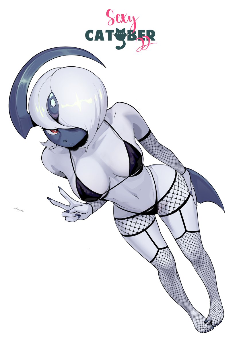 2022 absol anthro biped blue_body bra clothed clothing feliscede female fishnet fishnet_legwear frown generation_3_pokemon gesture hi_res legwear looking_at_viewer navel nintendo one_eye_obstructed pokemon pokemon_(species) red_eyes simple_background skimpy solo underwear v_sign video_games white_background white_body