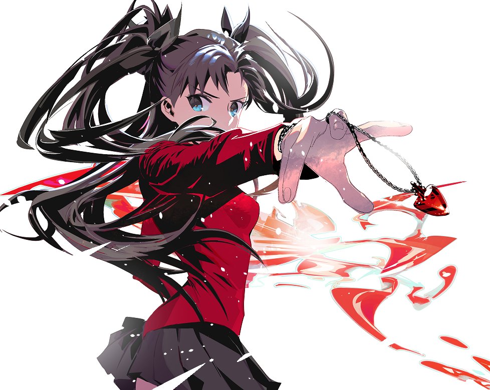 1girl black_hair black_ribbon black_skirt blue_eyes breasts closed_mouth cofffee fate/stay_night fate_(series) floating_hair gem hair_ribbon holding holding_jewelry holding_necklace jewelry long_hair miniskirt necklace outstretched_arm pleated_skirt red_shirt ribbon shirt simple_background skirt small_breasts solo tohsaka_rin two_side_up v-shaped_eyebrows white_background
