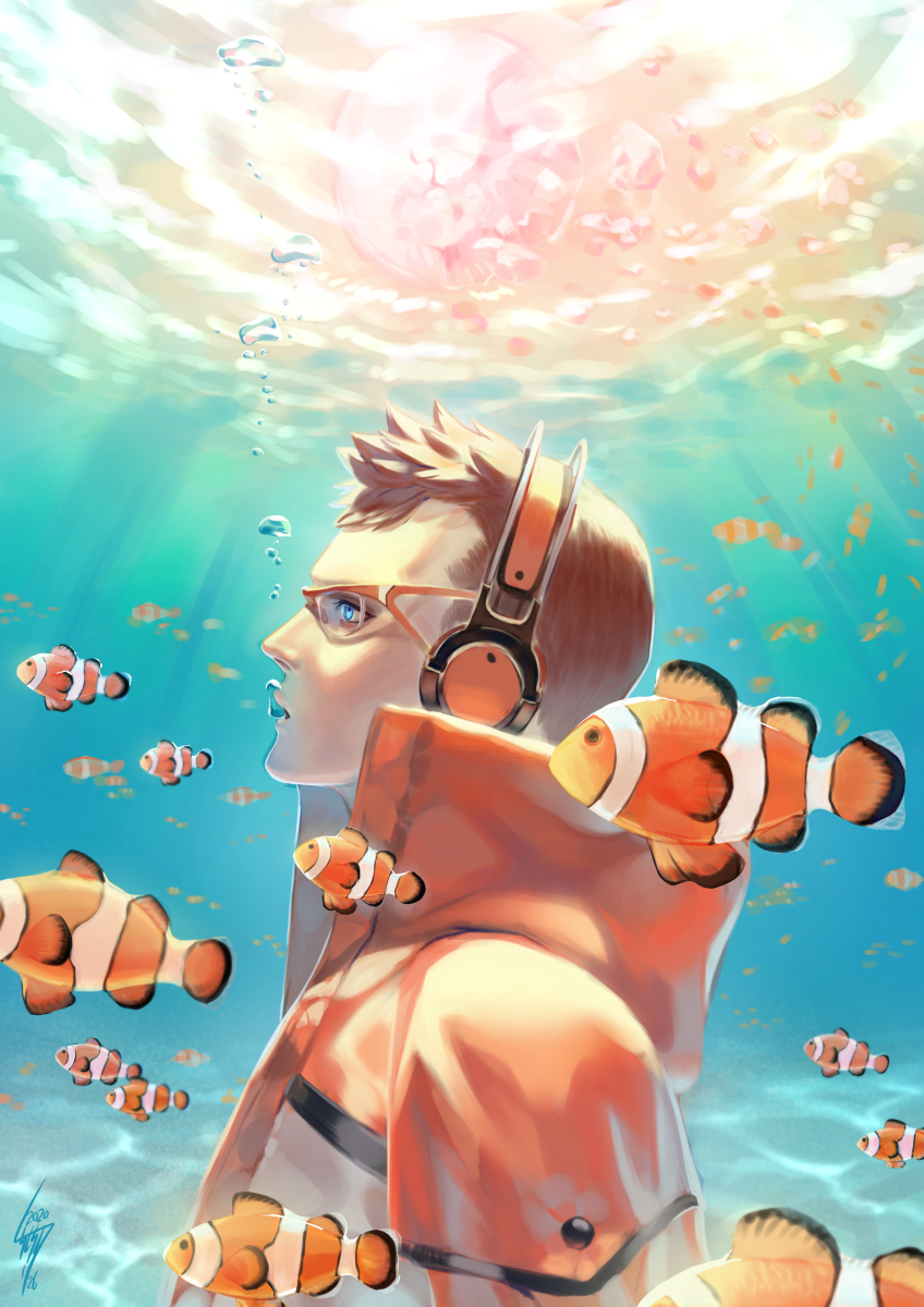 1boy artist_name blue_background blue_eyes brown_hair bubble caustics clownfish commentary_request daemon_x_machina dated day english_commentary fish from_side goggles headphones high_collar highres jacket johnny_g_(daemon_x_machina) light_rays male_focus mixed-language_commentary open_mouth orange-framed_eyewear orange_jacket outdoors profile short_hair signature solo spiked_hair sunlight tsunetaka_rakurai underwater upper_body