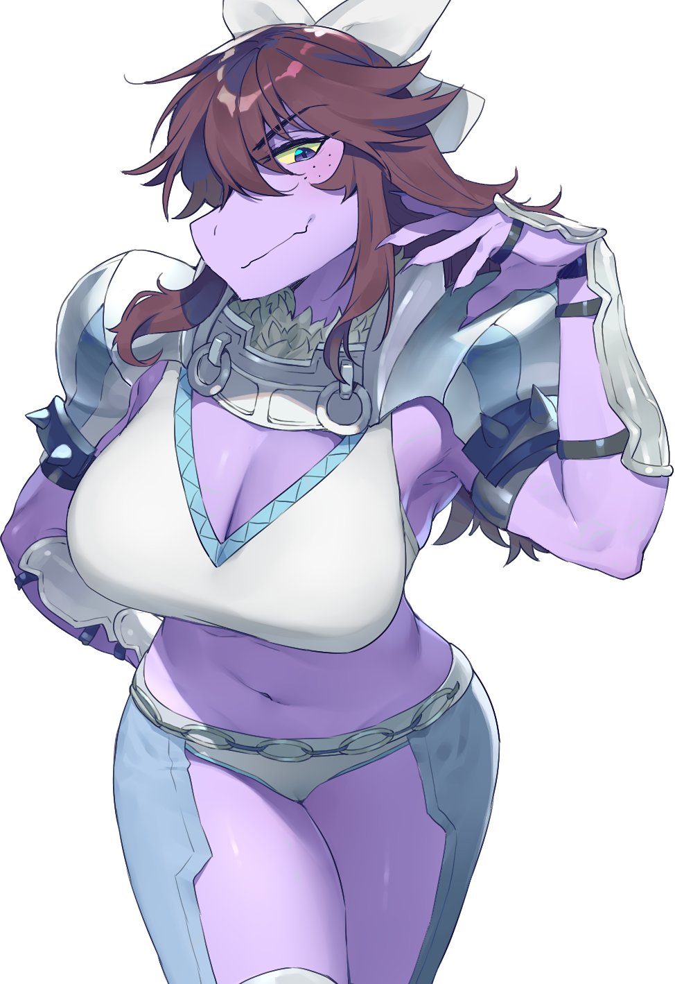 anthro armband armor big_breasts bracers breasts brown_hair cleavage clothed clothing cosplay crossover crossover_cosplay deltarune female fire_emblem_three_houses freckles hair hi_res midriff purple_body reptile scalie simple_background skimpy solo spiked_armband spikes sskomu_(artist) susie_(deltarune) unconvincing_armor undertale_(series) video_games white_background