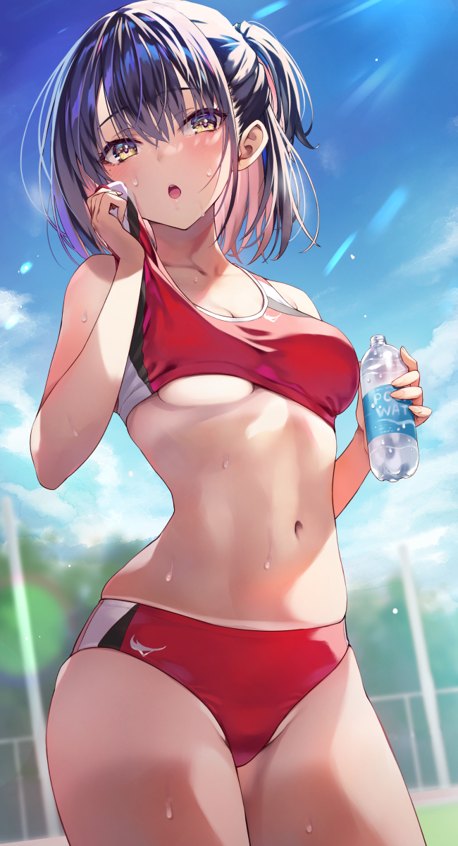 1girl :o black_hair blue_sky blush bottle breasts buruma cloud colored_inner_hair commentary_request day groin highres holding holding_bottle medium_breasts midriff mole mole_under_eye multicolored_hair navel one_side_up original outdoors red_buruma red_sports_bra short_hair sky solo sports_bra stomach sunlight sweat tan tanlines tomose_shunsaku water_bottle wiping_sweat yellow_eyes