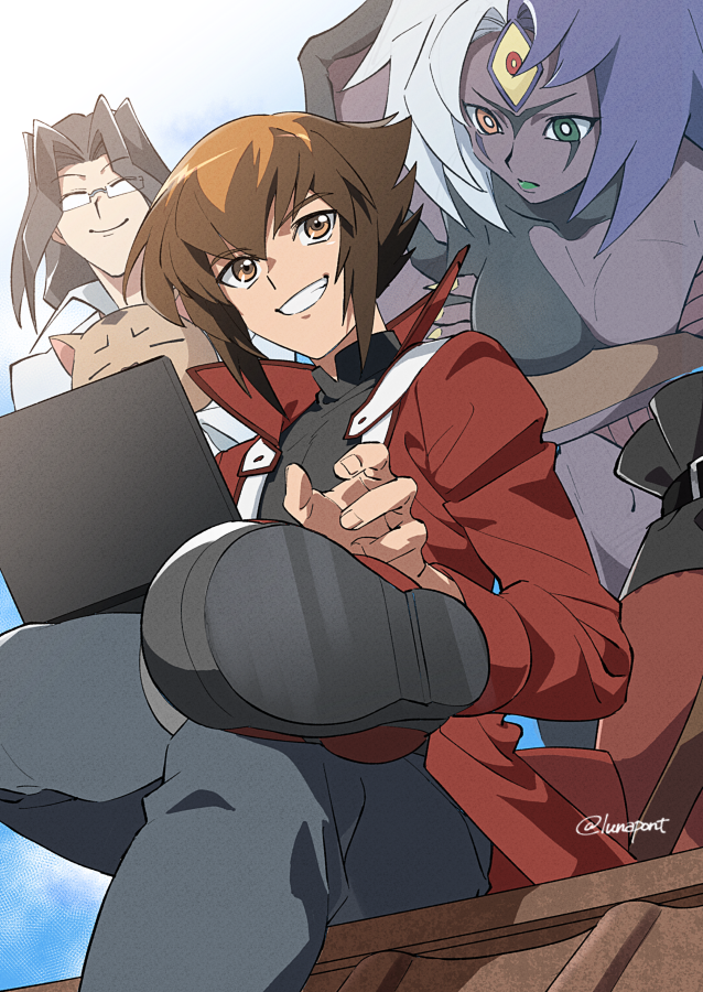 1other 2boys animal bangs black_shirt breasts brown_eyes cat computer daitokuji duel_academy_uniform_(yu-gi-oh!_gx) duel_monster glasses hair_between_eyes holding holding_animal holding_cat jacket laptop long_sleeves lunapont male_focus multicolored_hair multiple_boys navel perspective pharaoh_(cat) red_jacket shirt shoes short_hair two-tone_hair yu-gi-oh! yu-gi-oh!_gx yubel yuuki_juudai