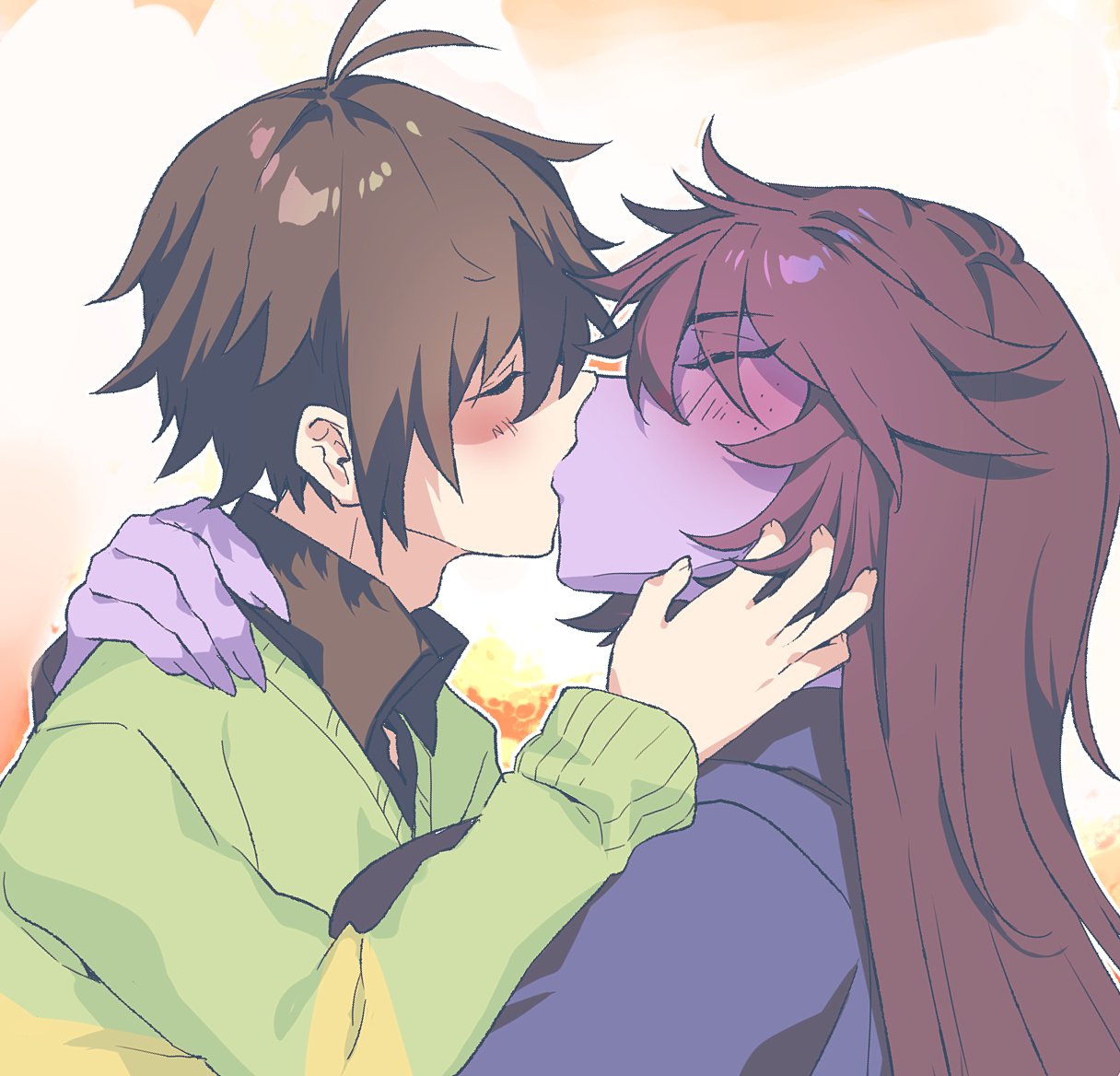 anthro brown_hair clothed clothing deltarune duo embrace eyes_closed female freckles fully_clothed hair human human_on_anthro interspecies intimate kissing kris_(deltarune) love male male/female male_on_anthro mammal purple_body reptile romantic romantic_couple scalie shirt sskomu_(artist) susie_(deltarune) topwear undertale_(series) video_games