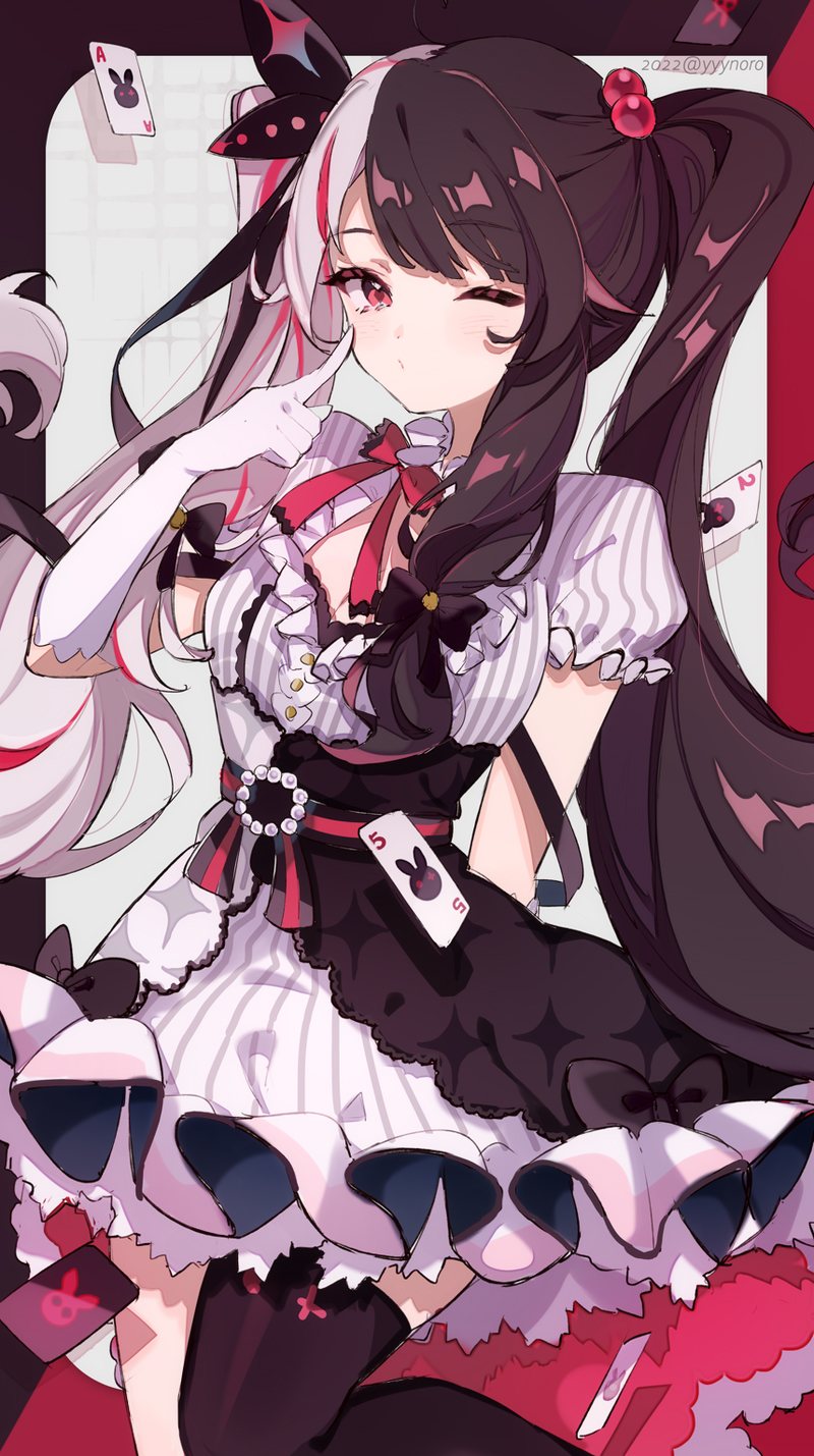 1girl bangs black_hair black_thighhighs blush breasts captain_yue card cleavage closed_mouth commentary dress elbow_gloves finger_to_cheek gloves grey_hair hair_bobbles hair_ornament hand_up highres long_hair looking_at_viewer medium_breasts multicolored_hair nijisanji one_eye_closed playing_card puffy_short_sleeves puffy_sleeves red_eyes red_hair short_sleeves single_thighhigh solo streaked_hair striped striped_dress symbol-only_commentary thighhighs twitter_username two-tone_hair vertical-striped_dress vertical_stripes very_long_hair virtual_youtuber white_dress white_gloves yorumi_rena