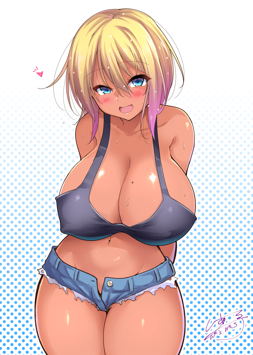 1girl blonde_hair blue_eyes blush breasts c.r. cleavage covered_nipples crop_top curvy dark_skin gyaru highres huge_breasts kogal looking_at_viewer micro_shorts mole mole_on_breast multicolored_hair navel no_bra no_panties open_clothes open_shorts original short_hair shorts signature solo tan thick_thighs thighs unbuttoned_shorts wide_hips