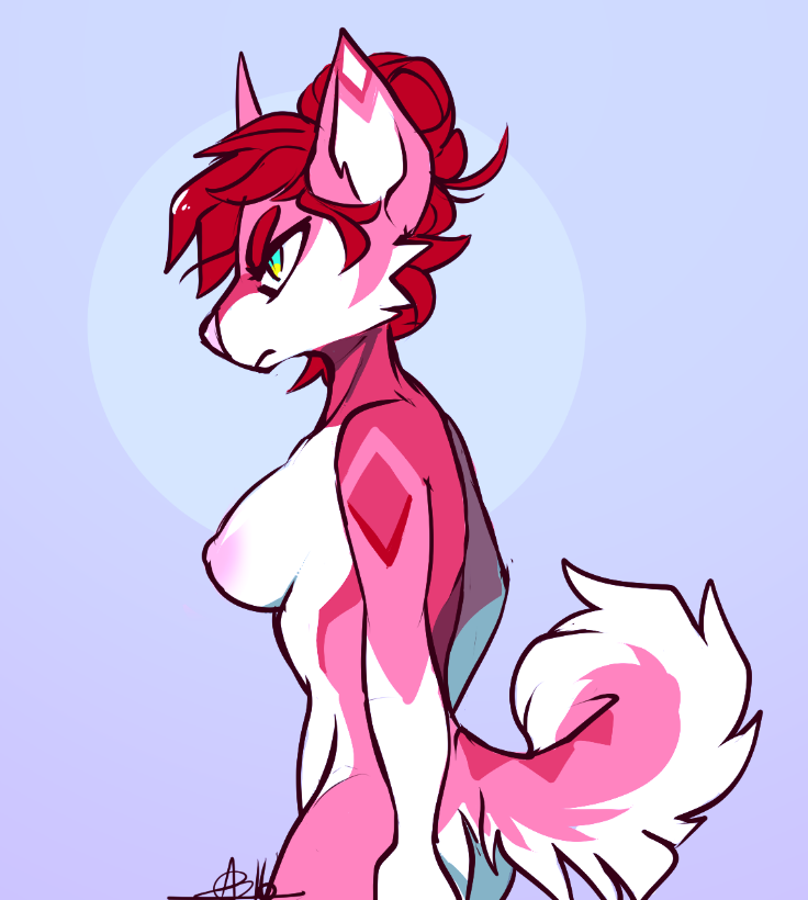 allosaurex anthro areola blue_background breasts canid canine canis female fur hair hair_bun heterochromia mammal multicolored_body multicolored_fur nipples nude pink_body pink_fur red_hair signature simple_background solo standing white_body white_fur wolf