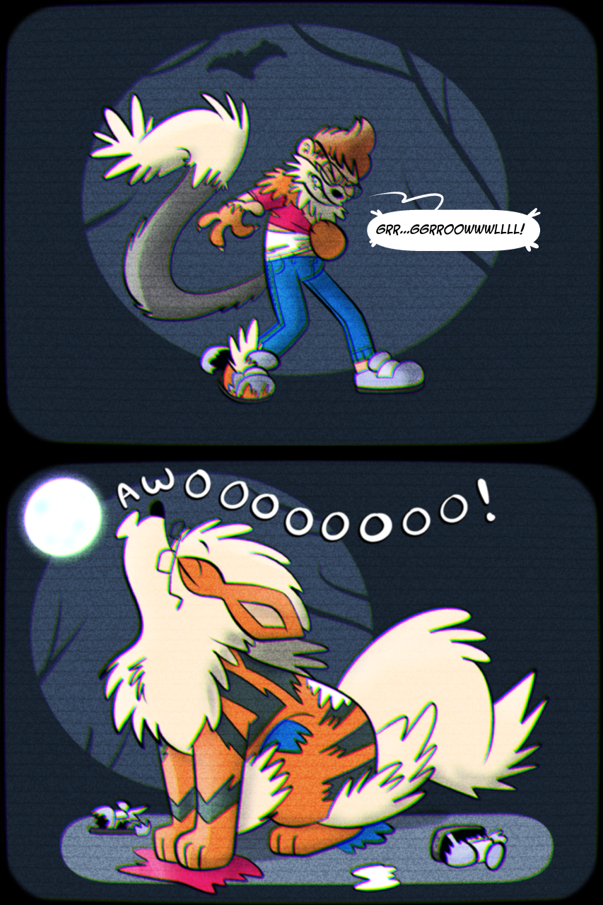 arcanine clothing dialogue eyewear forced forced_transformation generation_1_pokemon glasses hi_res howling_at_the_moon human mammal moon nintendo pokemon pokemon_(species) torn_clothing transformation trevor-fox video_games