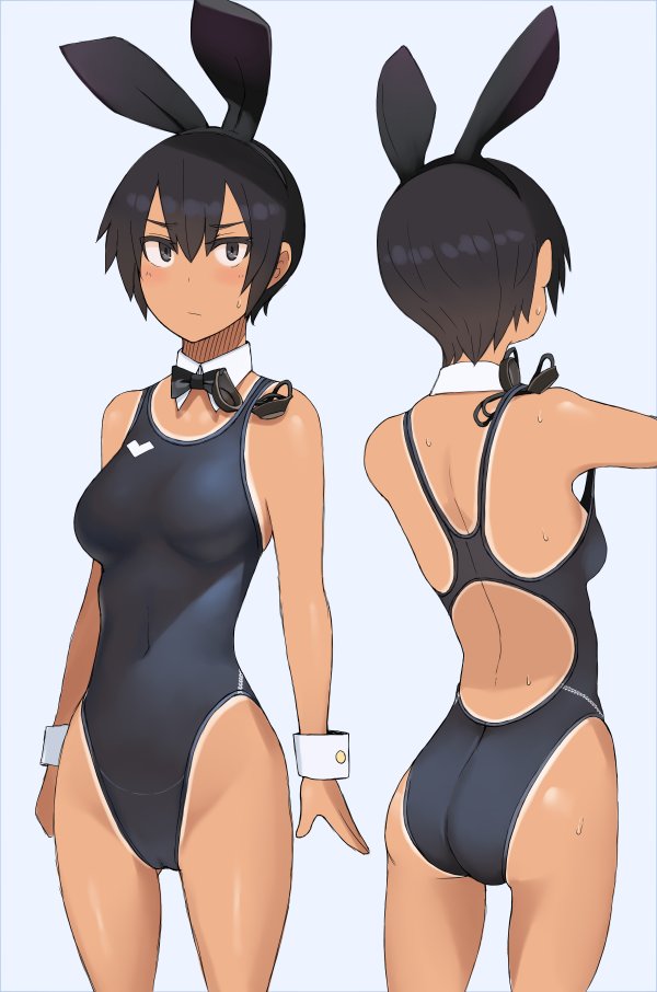 1girl animal_ears ass bangs black_eyes black_hair blush bow breasts closed_mouth commentary competition_swimsuit covered_navel dark_skin detached_collar fake_animal_ears goggles goggles_removed highleg highleg_swimsuit kuronami_(lvi) looking_at_viewer lvi medium_breasts multiple_views nervous one-piece_swimsuit one-piece_tan original rabbit_ears short_hair standing sweatdrop swimsuit tan tanlines wet wrist_cuffs