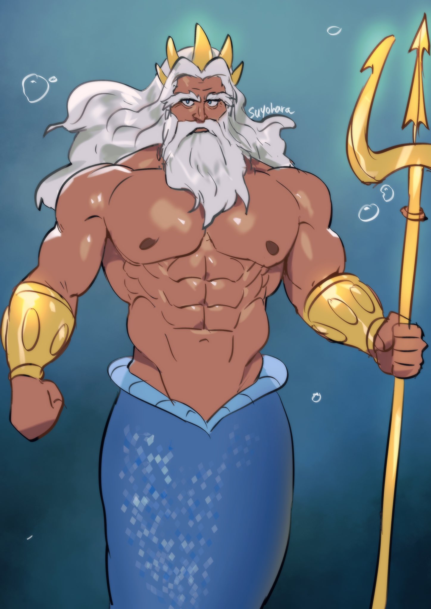 abs air_bubble beard blue_body blue_scales disney facial_hair hair hi_res holding_melee_weapon holding_object holding_trident holding_weapon king_triton_(disney) male marine melee_weapon merfolk muscular muscular_male old old_male pecs polearm scales solo split_form suyohara the_little_mermaid_(1989) trident underwater water weapon white_hair