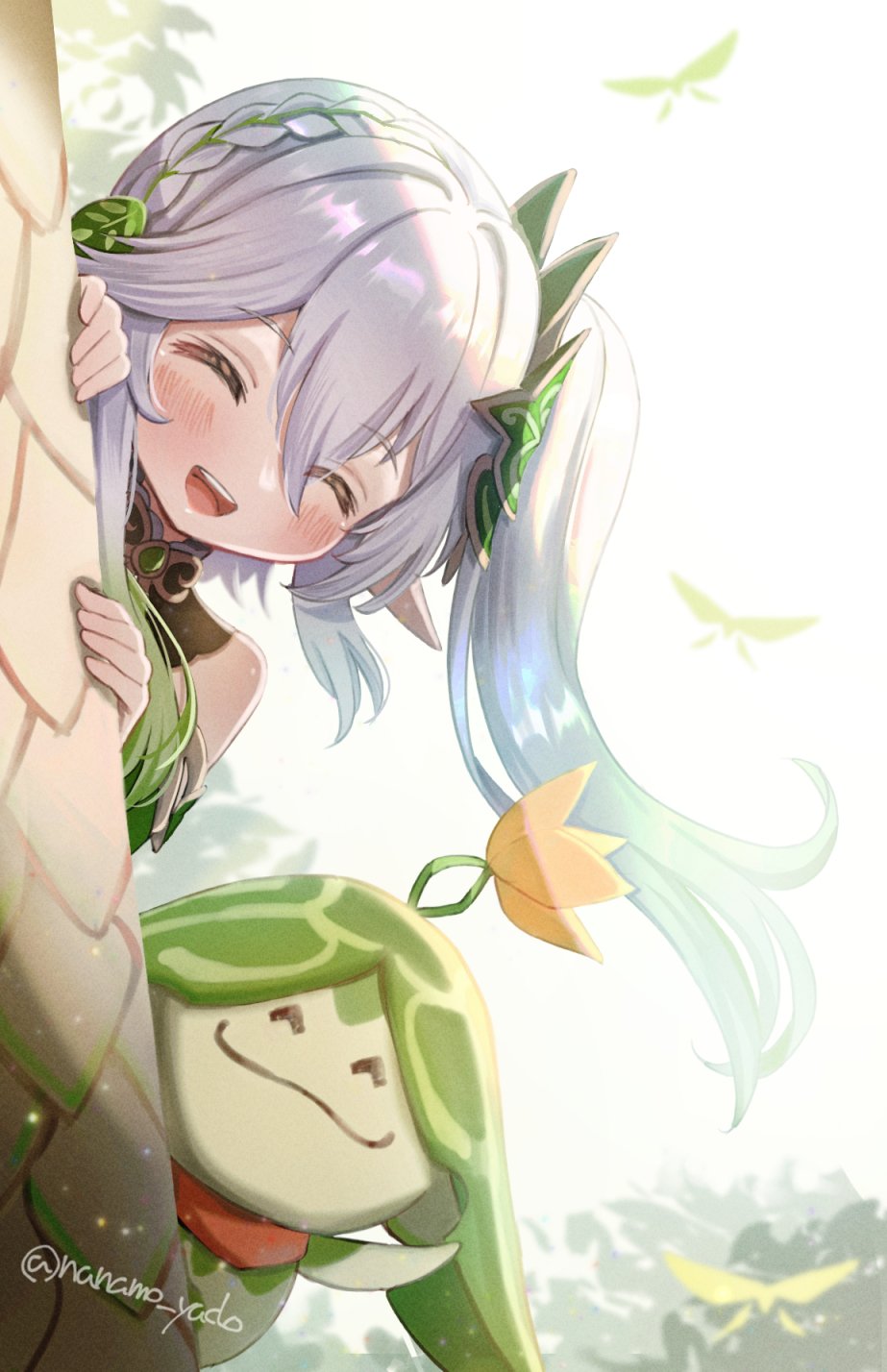 1girl 1other :d ^_^ arama_(genshin_impact) aranara_(genshin_impact) arm_up artist_name bangs bare_shoulders blush braid bug bush butterfly butterfly_wings closed_eyes closed_mouth colored_skin commentary_request detached_sleeves doyamona flying genshin_impact green_skin grey_hair hair_between_eyes hair_ornament hand_up hands_up highres leaf long_hair long_sleeves nahida_(genshin_impact) open_mouth peeking_out pointy_ears ponytail shiny shiny_hair side_ponytail simple_background smile teeth tongue tree twitter_username upper_teeth white_background white_hair wide_sleeves wings