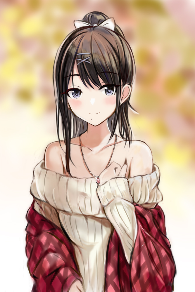 1girl bare_shoulders black_hair blurry blurry_background blush bow collarbone cosplay hair_bow idolmaster idolmaster_shiny_colors jewelry kazano_hiori looking_at_viewer mole mole_under_mouth nannacy7 necklace off-shoulder_sweater off_shoulder plaid_shawl ponytail red_shawl ribbed_sweater sagisawa_fumika sagisawa_fumika_(cosplay) shawl smile solo sweater
