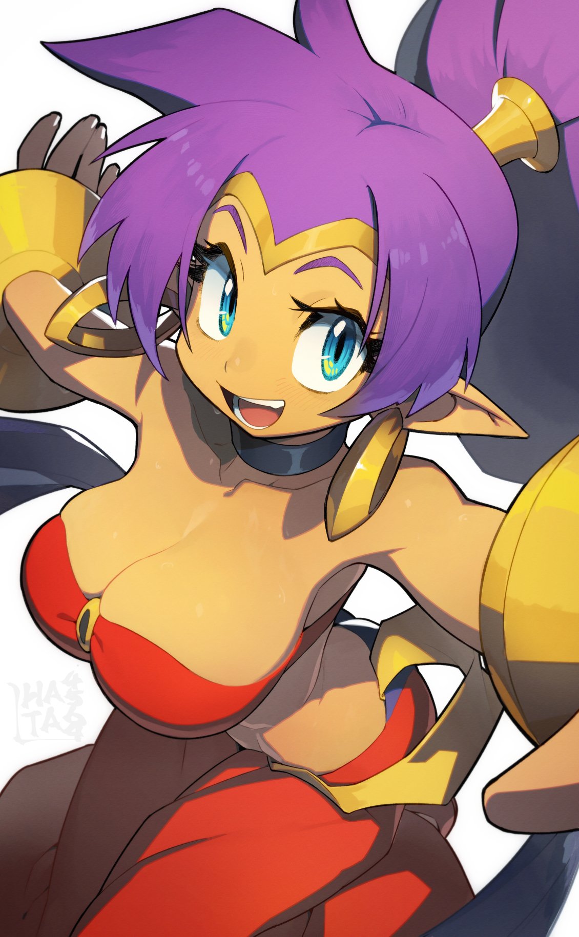 2022 breasts cleavage clothed clothing ear_piercing ear_ring female fingers genie hair hata4564 hi_res humanoid humanoid_pointy_ears long_hair not_furry open_mouth open_smile piercing ponytail purple_hair ring_piercing shantae shantae_(series) smile solo tan_body tan_skin teeth video_games wayforward