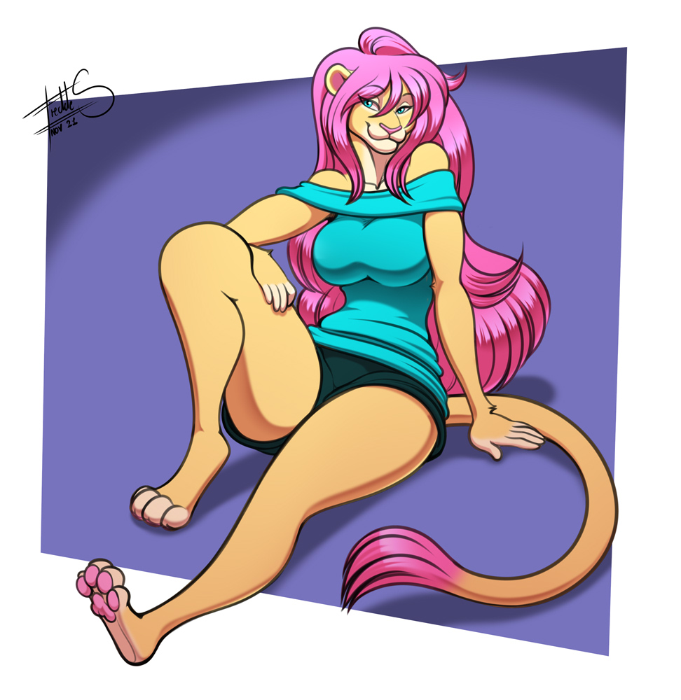 anthro blue_eyes bottomwear clothing felid female fingerless_(marking) freckles_(artist) fur gym_bottomwear gym_clothing gym_shorts hair half-closed_eyes lion long_hair looking_at_viewer lounging mammal narrowed_eyes pantherine pawpads paws pink_hair pink_pawpads shirt shorts simple_background smile solo tail_tuft tank_top toeless_(marking) topwear tuft yellow_body yellow_fur