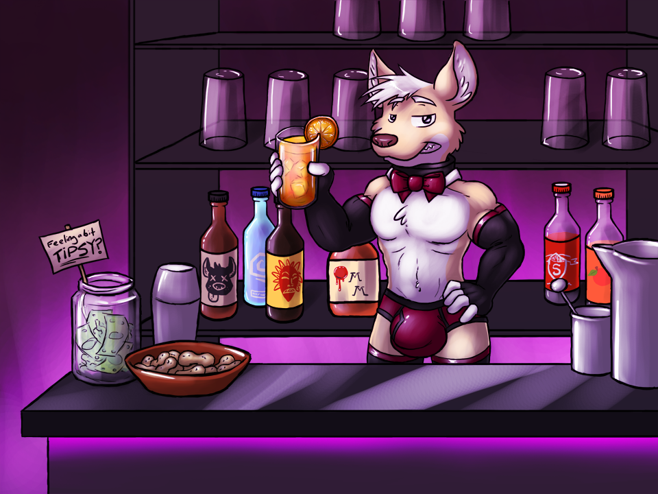 anthro avery_(vir-no-vigoratus) bar beverage big_bulge black_seam_briefs black_seam_underwear bow_tie briefs brown_nose bulge canid canine canis clothed clothing collar colored_seam_underwear domestic_dog english_text food fruit fruit_wedge fur hair herding_dog jar male mammal money muscular muscular_male navel nut_(fruit) open_mouth orange_(food) orange_body orange_fur orange_wedge pastoral_dog peanut_(food) plant purple_briefs purple_clothing purple_underwear smile solo teeth_showing text tip_jar topless underwear vir-no-vigoratus welsh_corgi white_body white_fur white_hair