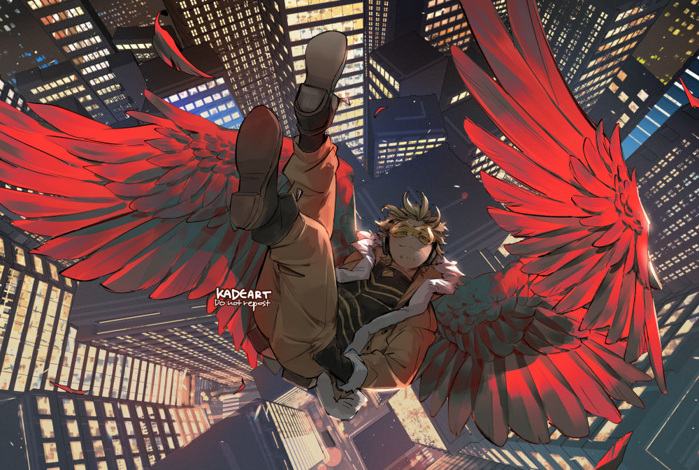 1boy black_gloves blonde_hair boku_no_hero_academia boots brown_jacket brown_pants building closed_mouth english_commentary facial_hair falling falling_feathers feathered_wings feathers full_body fur_trim gloves goggles hawks_(boku_no_hero_academia) headphones jacket kadeart long_sleeves looking_at_viewer male_focus open_clothes open_jacket pants red_feathers red_wings short_hair skyscraper smile solo superhero wings yellow_eyes